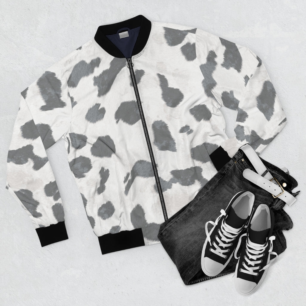 Grey Cow Print Bomber Jacket